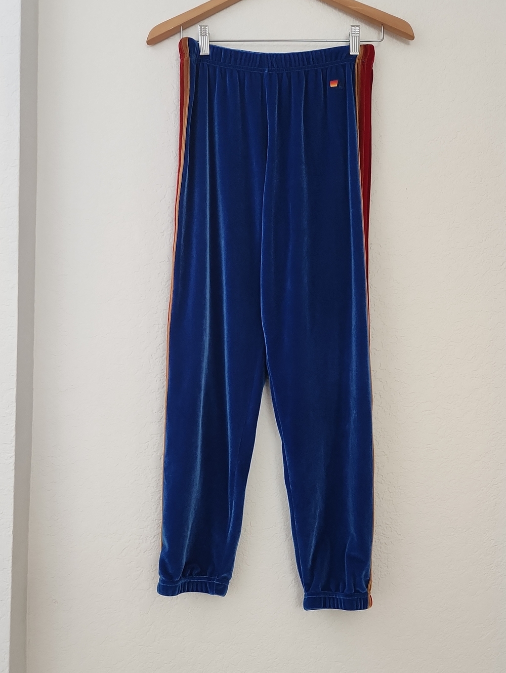 Aviator Nation Royal Blue Velvet Joggers with Red & Orange Side Stripes
